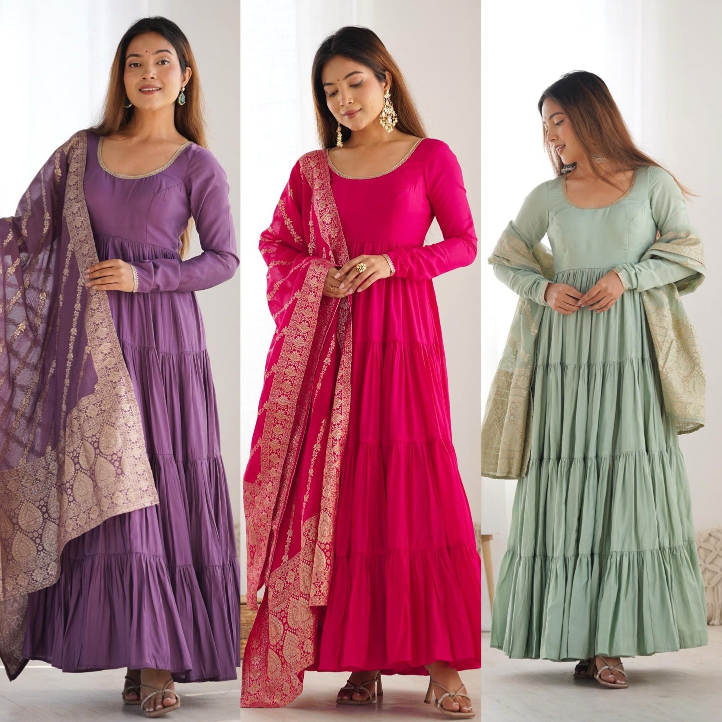 Pista Heavy Romansilk Chanderi With Yoke Lace 3pc Kurta Set