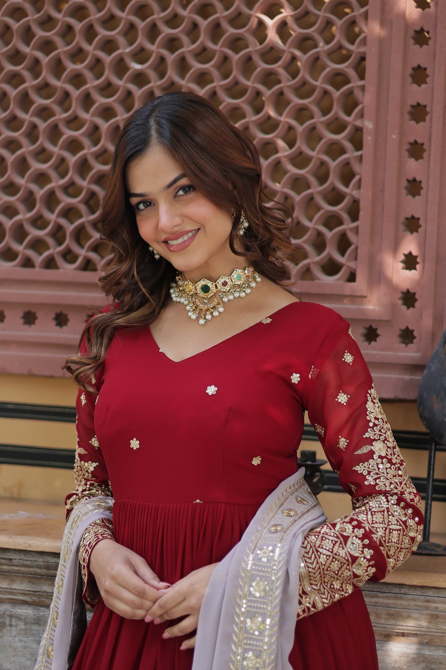 Maroon  Faux Blooming with Embroidery Zari & Sequins Work Gown With Dupatta