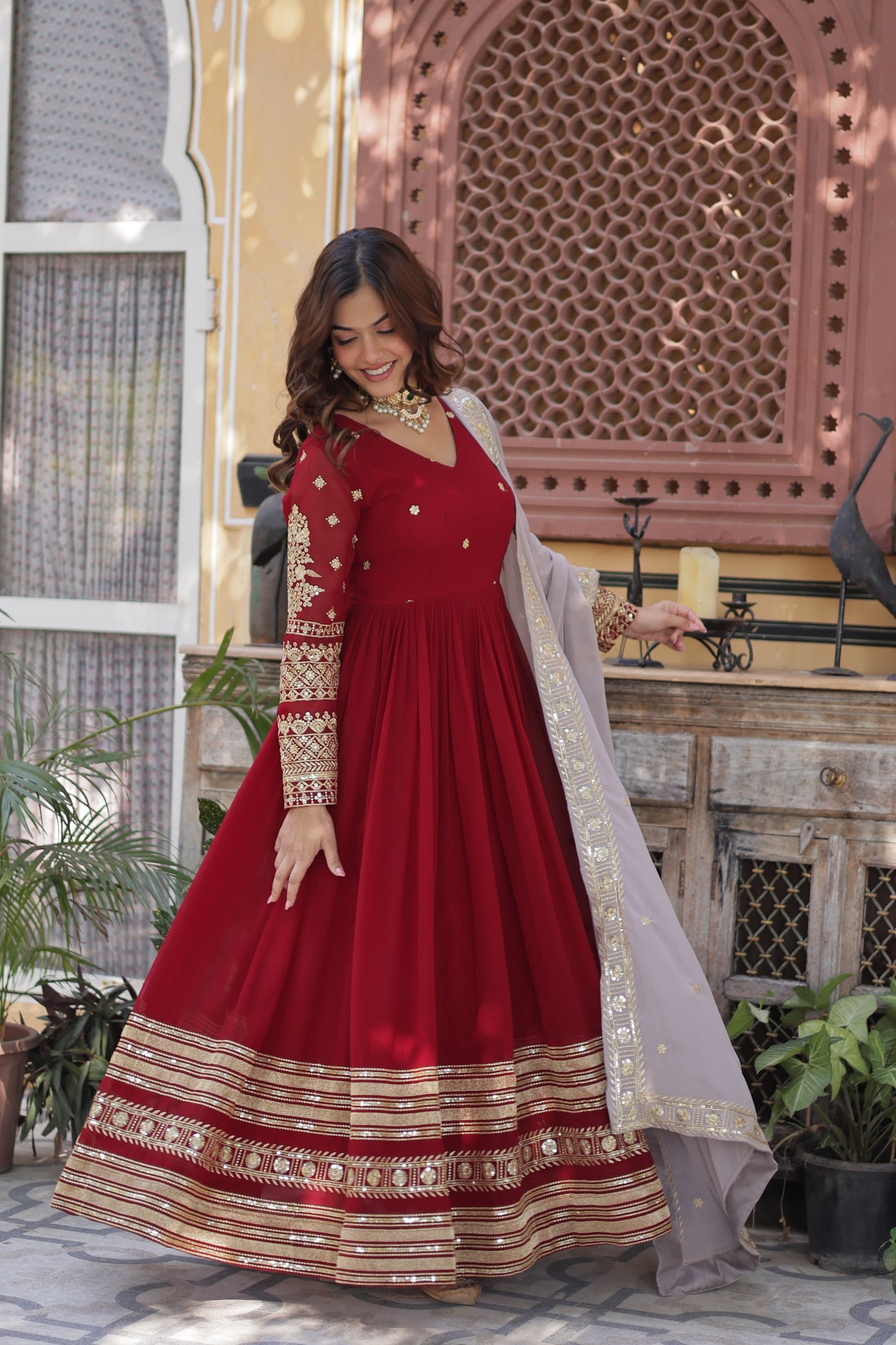 Maroon  Faux Blooming with Embroidery Zari & Sequins Work Gown With Dupatta