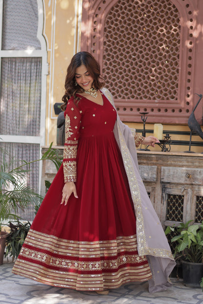 Maroon  Faux Blooming with Embroidery Zari & Sequins Work Gown With Dupatta