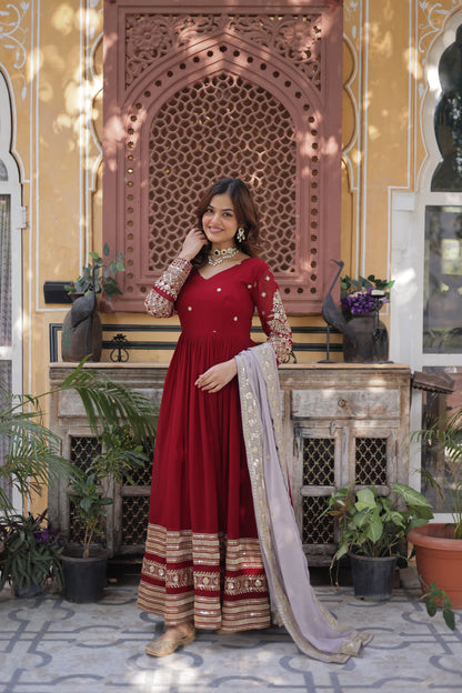 Maroon  Faux Blooming with Embroidery Zari & Sequins Work Gown With Dupatta