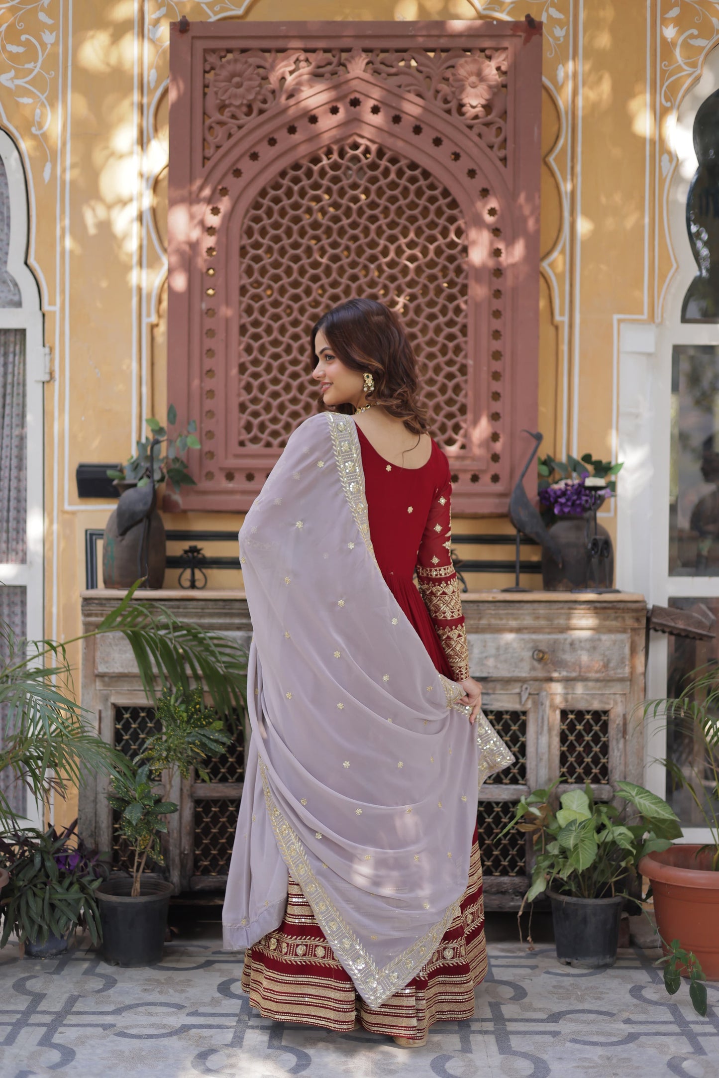 Maroon  Faux Blooming with Embroidery Zari & Sequins Work Gown With Dupatta