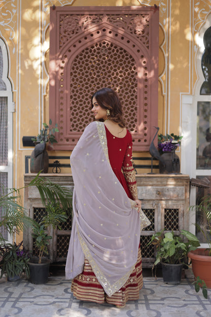 Maroon  Faux Blooming with Embroidery Zari & Sequins Work Gown With Dupatta