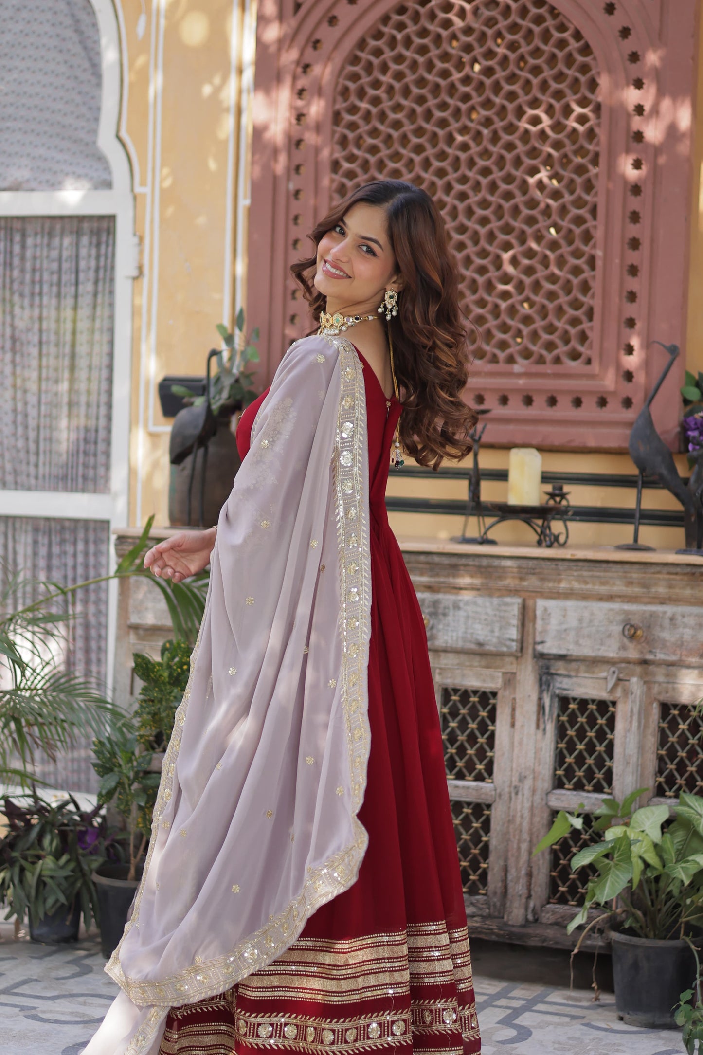 Maroon  Faux Blooming with Embroidery Zari & Sequins Work Gown With Dupatta
