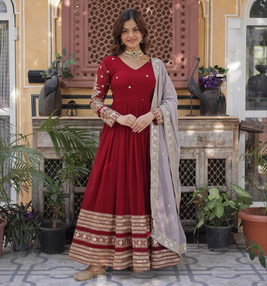Maroon  Faux Blooming with Embroidery Zari & Sequins Work Gown With Dupatta