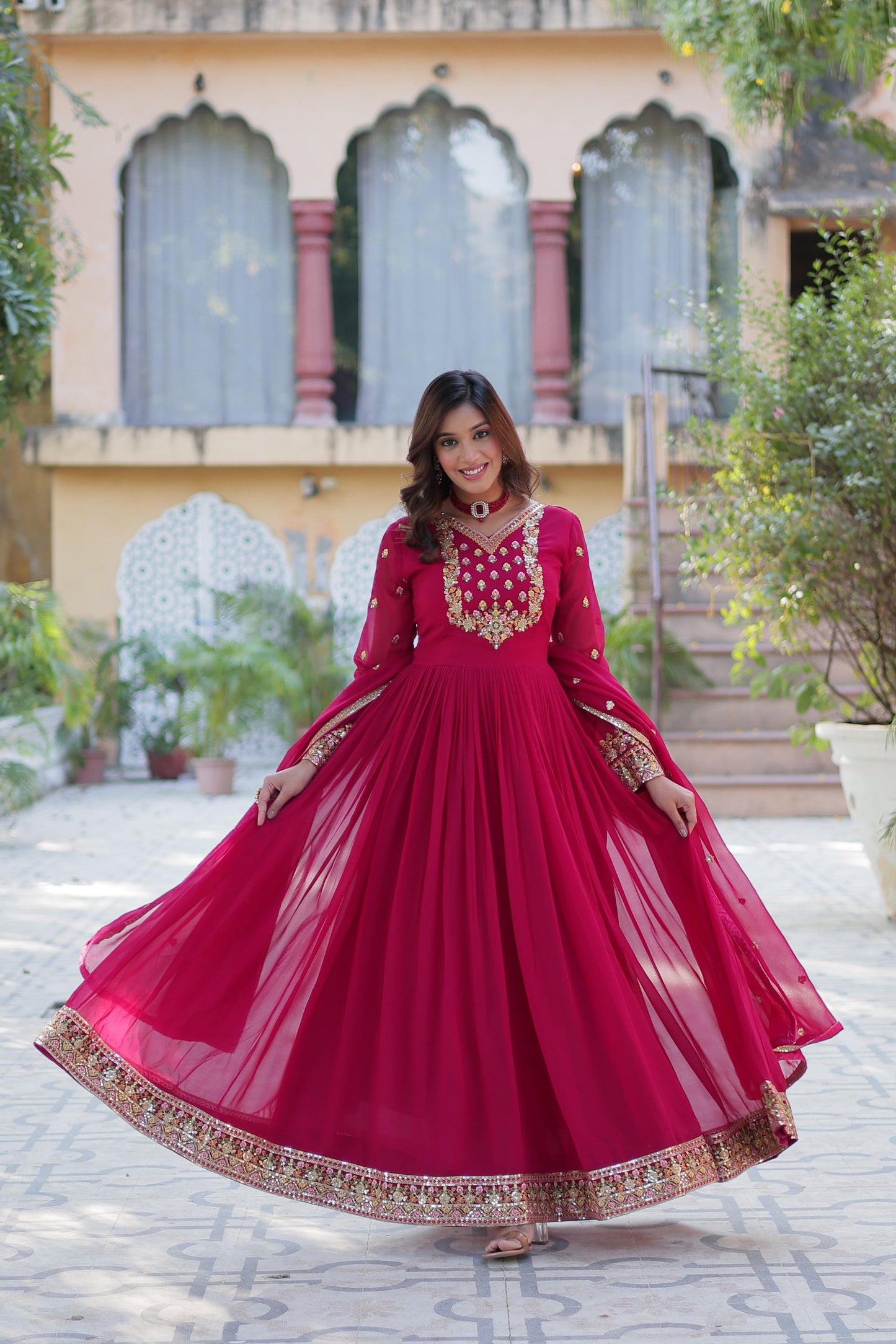 Maroon  Rich sequins Faux Blooming Georgette Gown With Dupatta