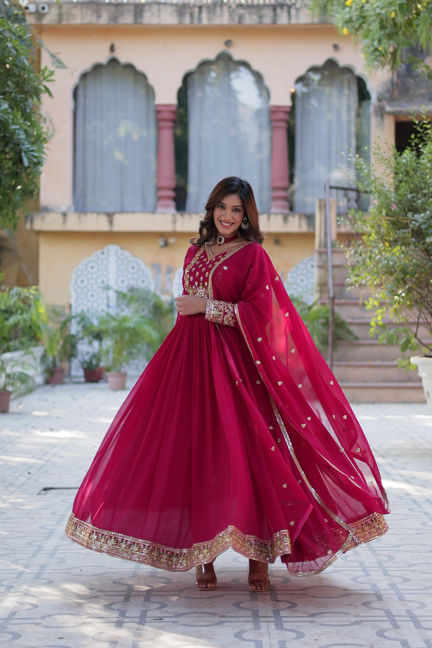 Maroon  Rich sequins Faux Blooming Georgette Gown With Dupatta