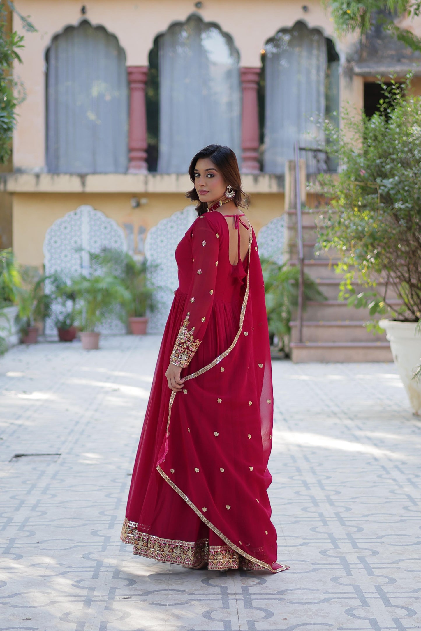 Maroon  Rich sequins Faux Blooming Georgette Gown With Dupatta