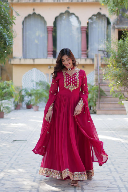 Maroon  Rich sequins Faux Blooming Georgette Gown With Dupatta