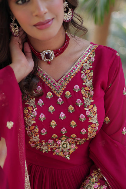 Maroon  Rich sequins Faux Blooming Georgette Gown With Dupatta