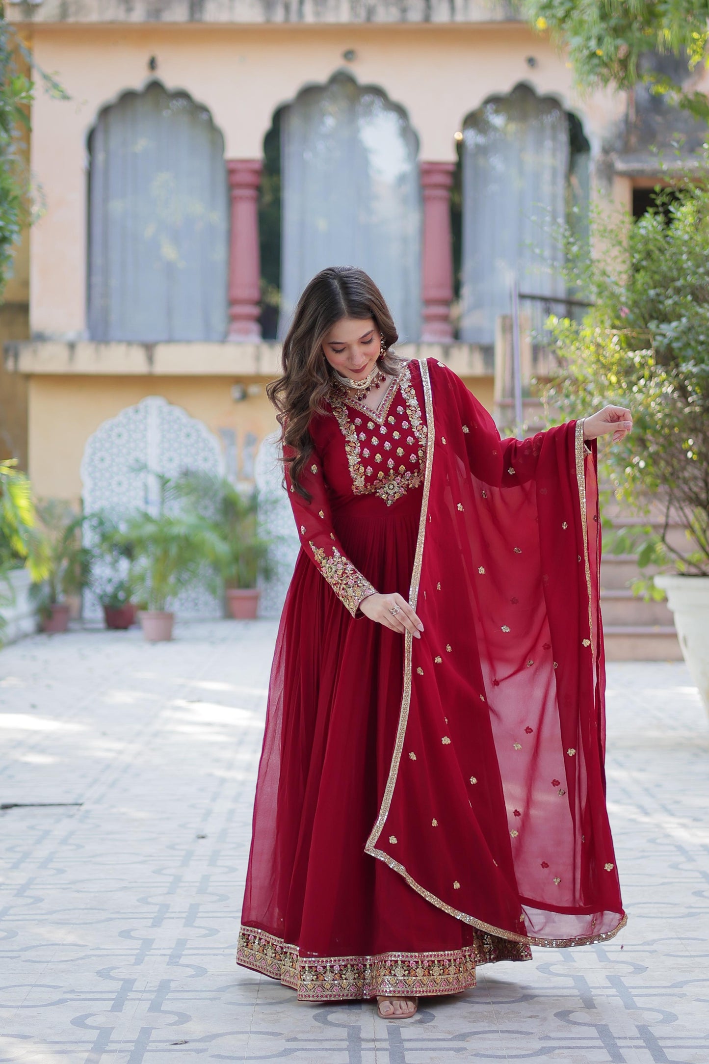 Maroon  Rich sequins Faux Blooming Georgette Gown With Dupatta