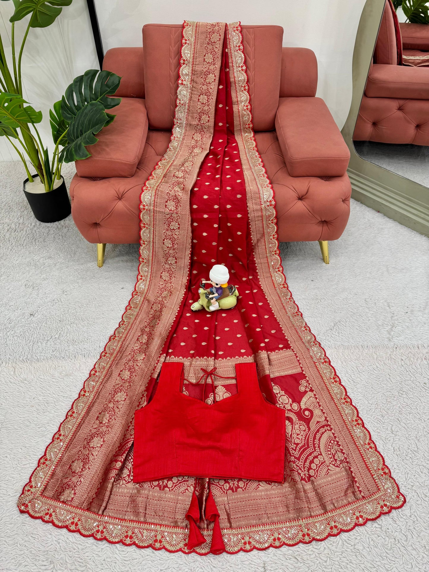 Red Color Sequin Lace Work  Kota Silk Saree