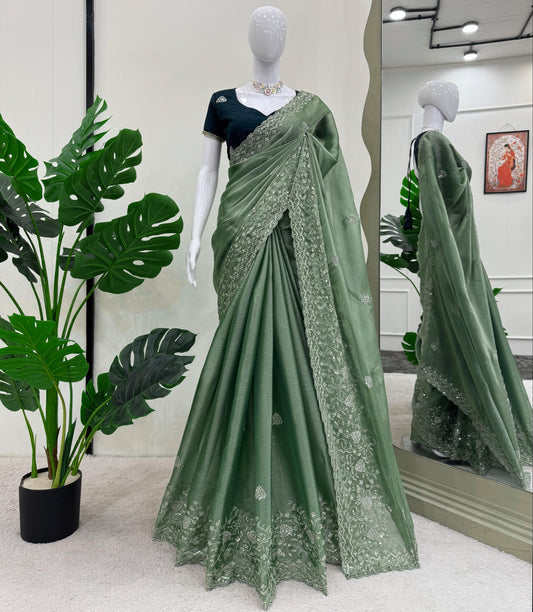 Green Burberry Silk Thread with Sequin Work Saree