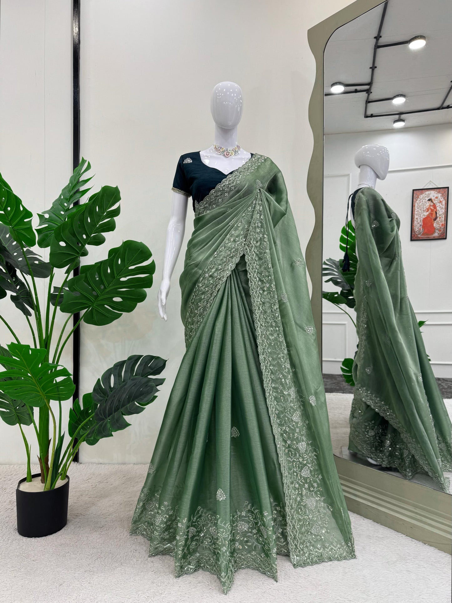 Green Burberry Silk Thread with Sequin Work Saree