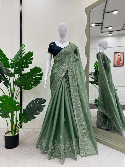 Green Burberry Silk Thread with Sequin Work Saree