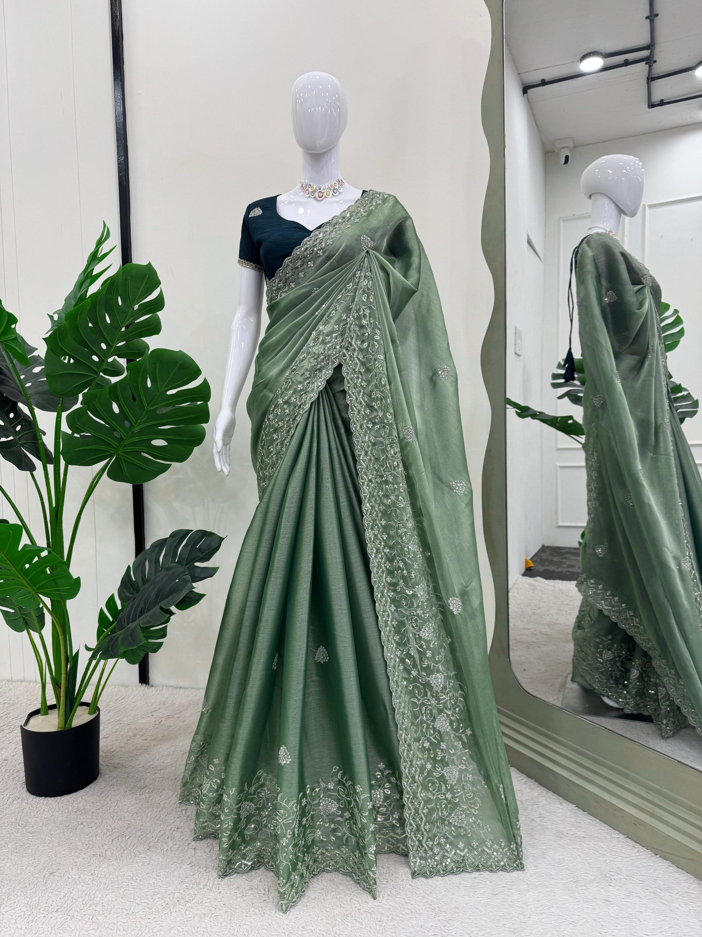 Green Burberry Silk Thread with Sequin Work Saree