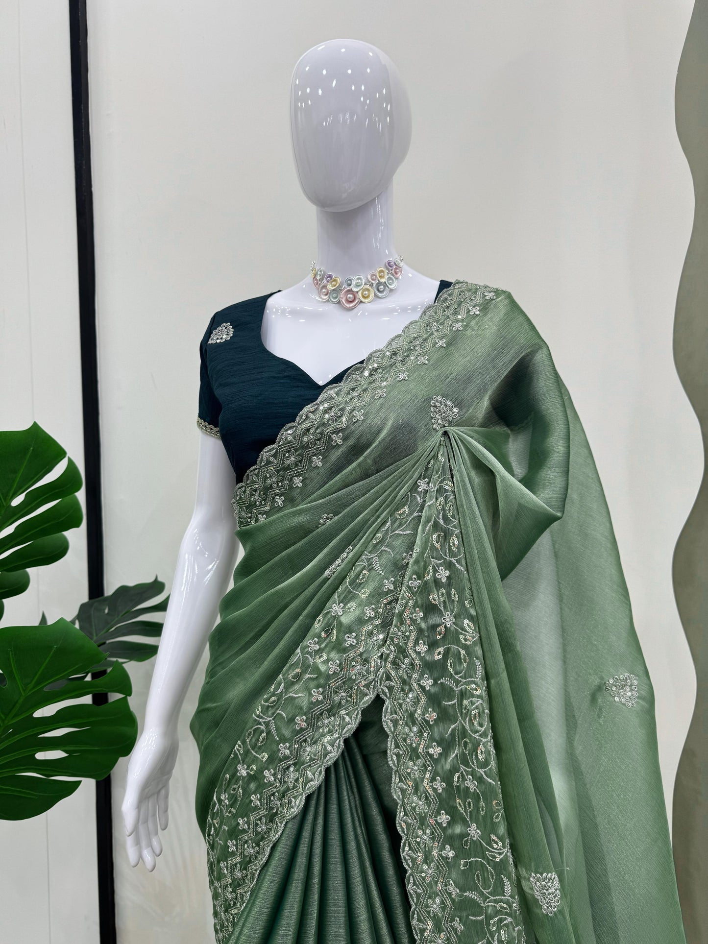 Green Burberry Silk Thread with Sequin Work Saree
