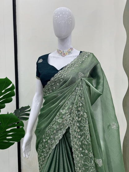 Green Burberry Silk Thread with Sequin Work Saree