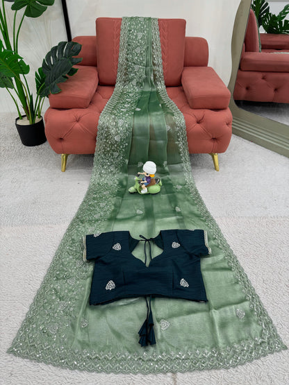 Green Burberry Silk Thread with Sequin Work Saree