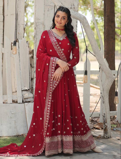 Maroon Rich Sequins Embroidered Work Gown With Dupatta