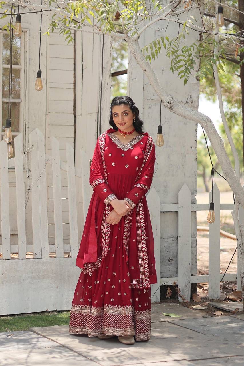 Maroon Rich Sequins Embroidered Work Gown With Dupatta