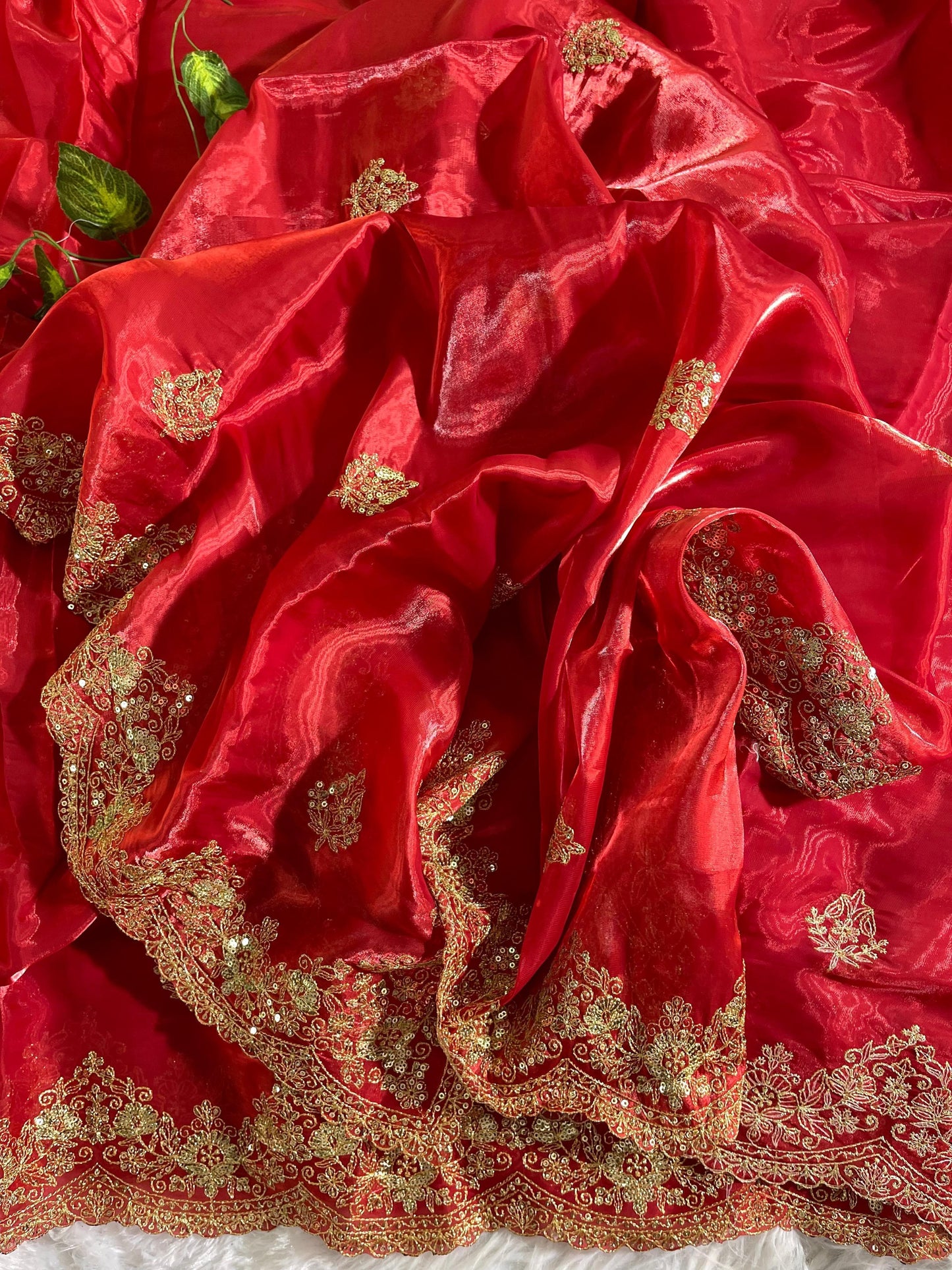 Red Pure Soft Zimmy Choo Silk 3mm Sequins Work Saree
