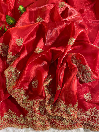 Red Pure Soft Zimmy Choo Silk 3mm Sequins Work Saree