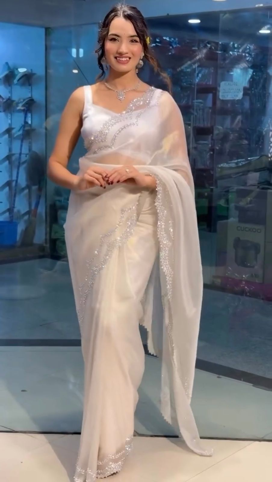 White Heavy Organza Silk With Sequins Work Saree
