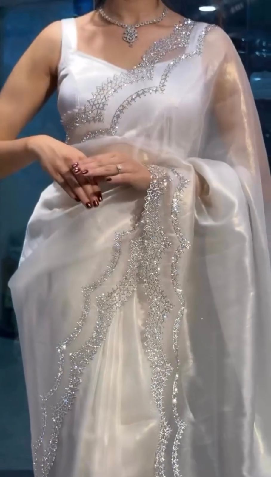 White Heavy Organza Silk With Sequins Work Saree