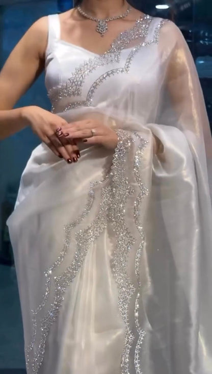 White Heavy Organza Silk With Sequins Work Saree