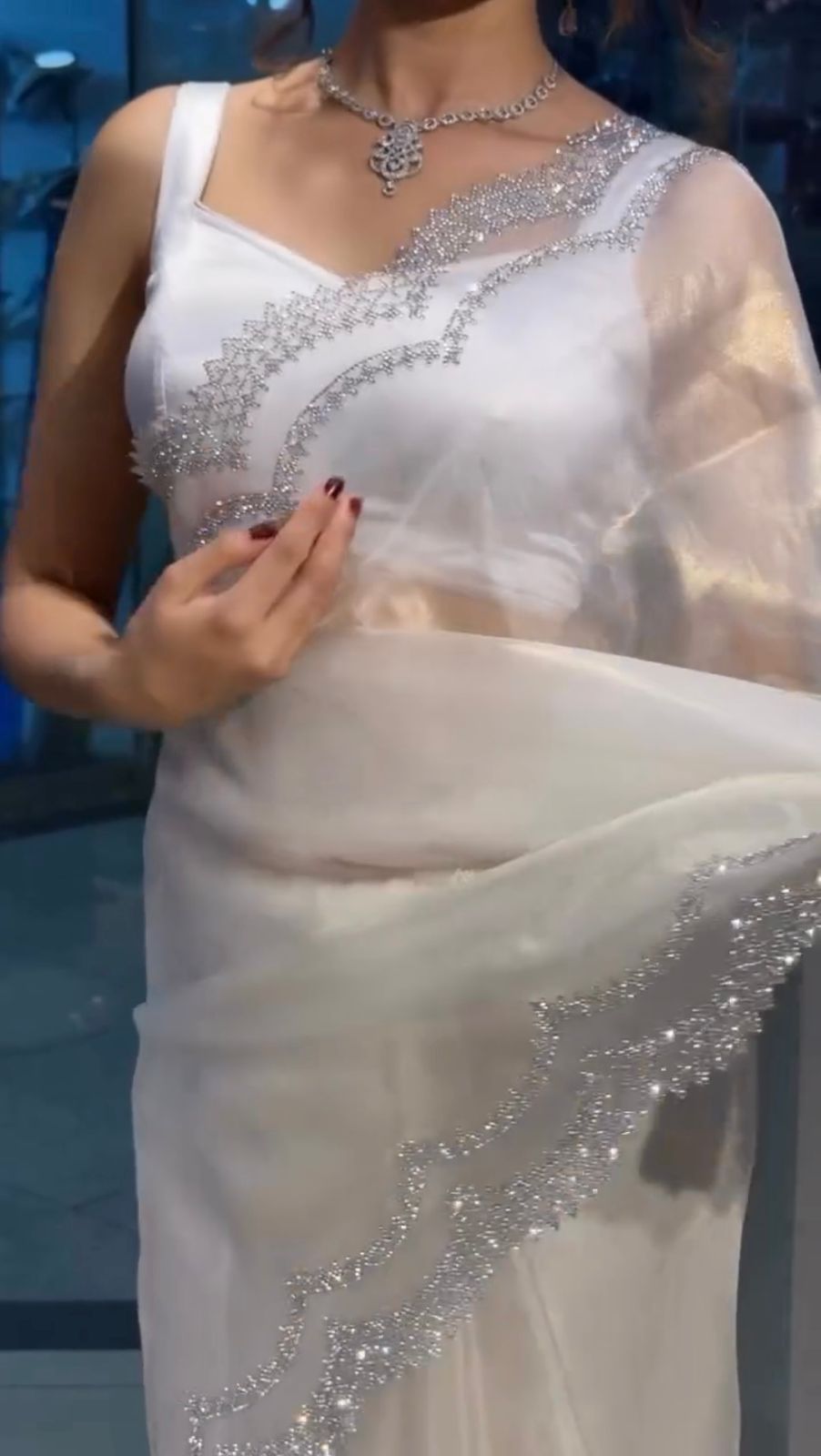 White Heavy Organza Silk With Sequins Work Saree