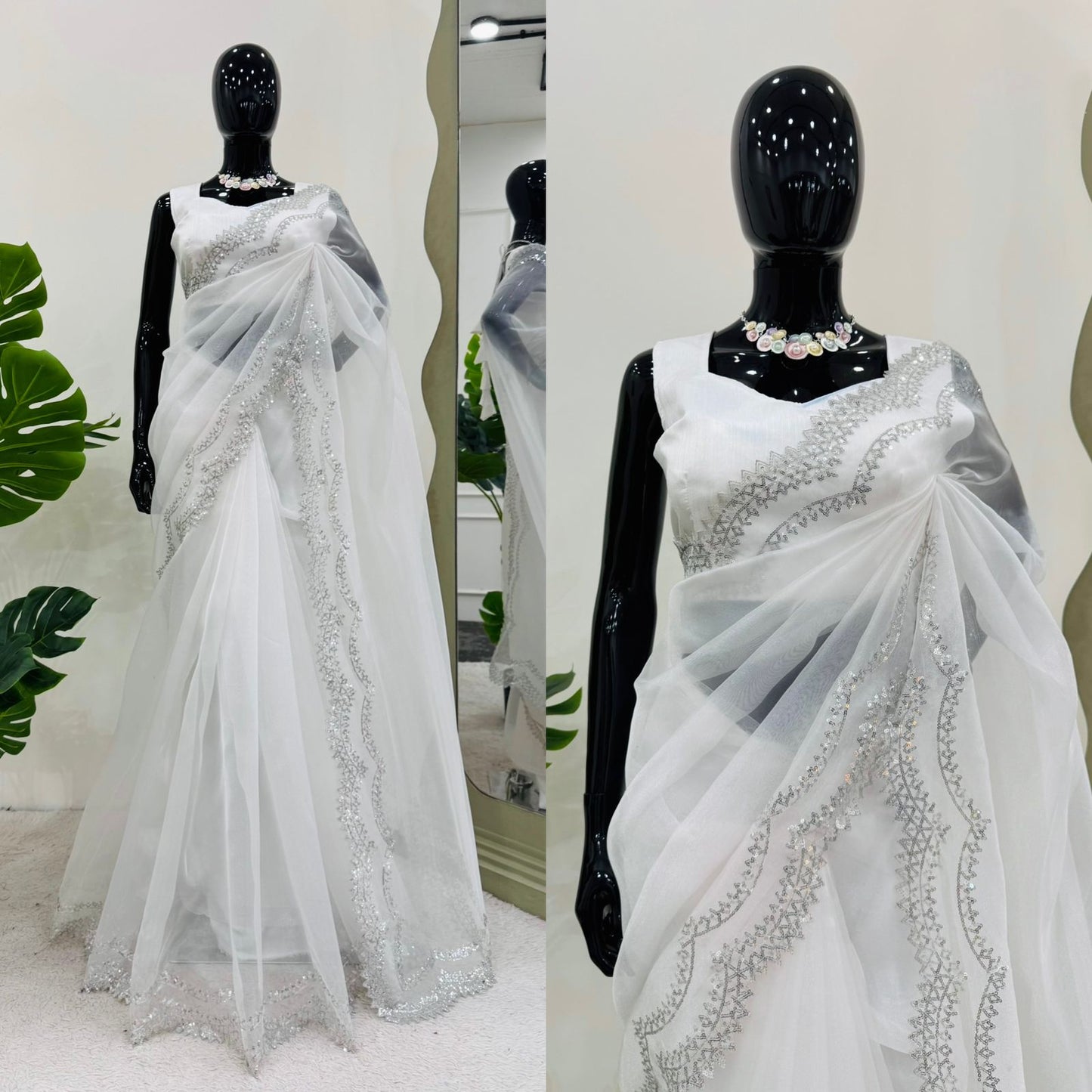 White Heavy Organza Silk With Sequins Work Saree