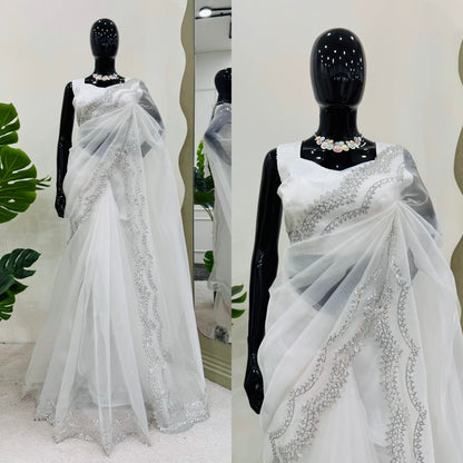 White Heavy Organza Silk With Sequins Work Saree