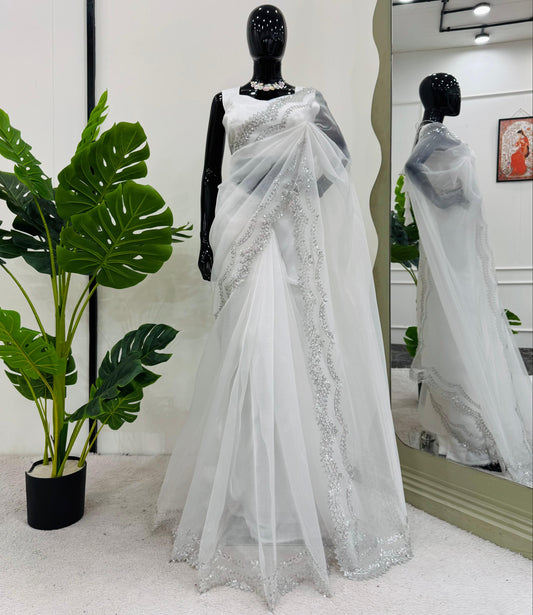White Heavy Organza Silk With Sequins Work Saree