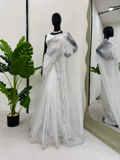 White Heavy Organza Silk With Sequins Work Saree