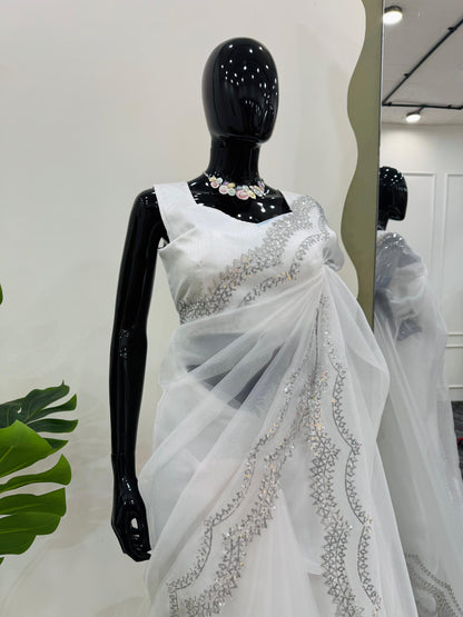 White Heavy Organza Silk With Sequins Work Saree