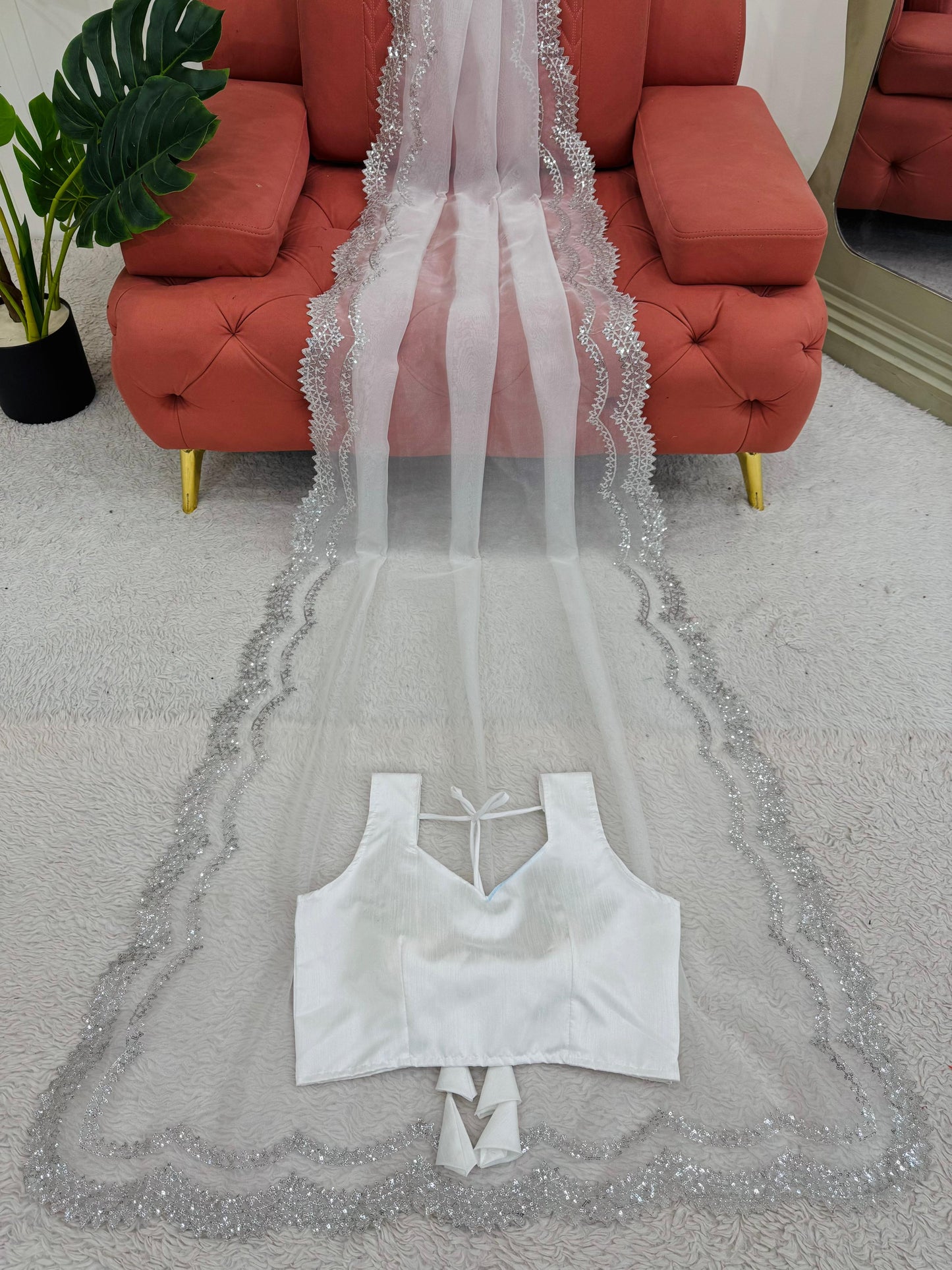 White Heavy Organza Silk With Sequins Work Saree