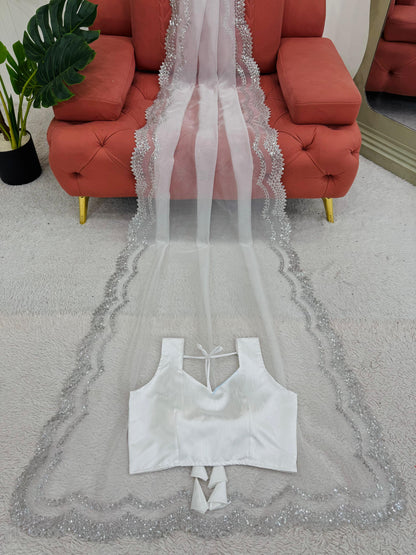 White Heavy Organza Silk With Sequins Work Saree