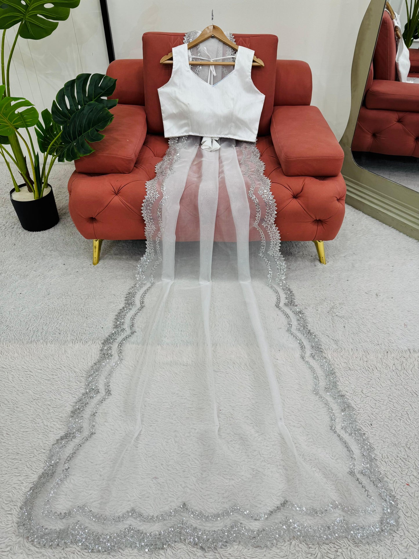 White Heavy Organza Silk With Sequins Work Saree