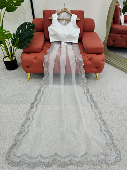 White Heavy Organza Silk With Sequins Work Saree