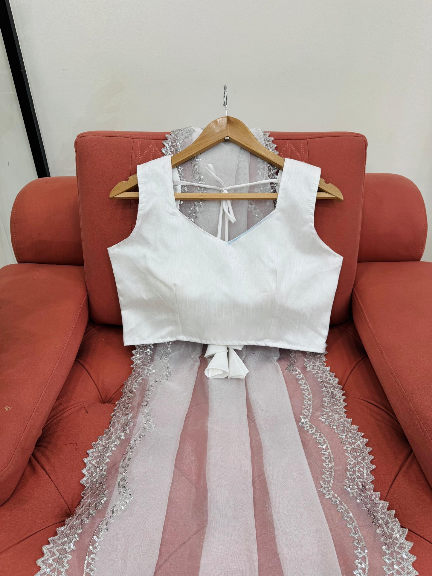 White Heavy Organza Silk With Sequins Work Saree