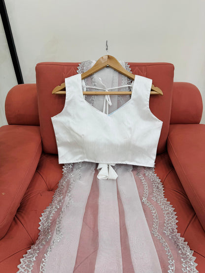 White Heavy Organza Silk With Sequins Work Saree