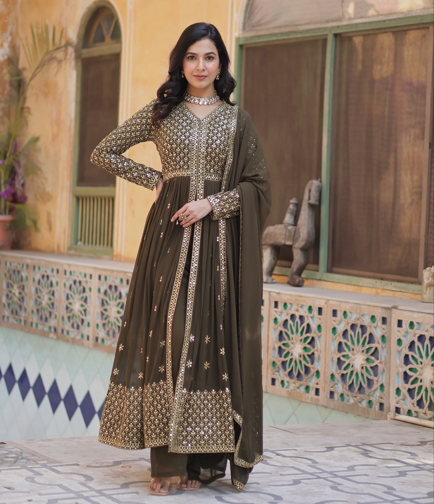 Faux Georgette with Embroidered Work  3pc Kurti Set