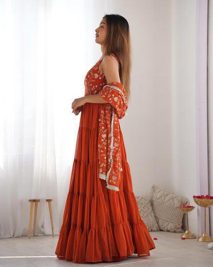 Rust Orange Color Heavy Pure Soft Fox Georgette 3pc Kurta Set