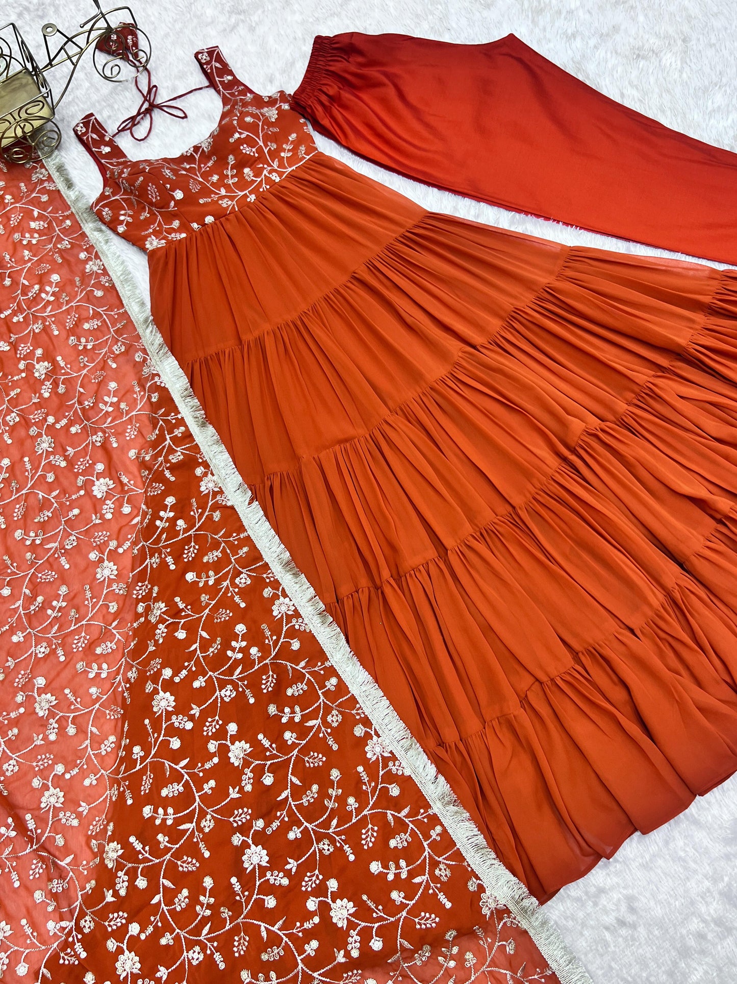 Rust Orange Color Heavy Pure Soft Fox Georgette 3pc Kurta Set