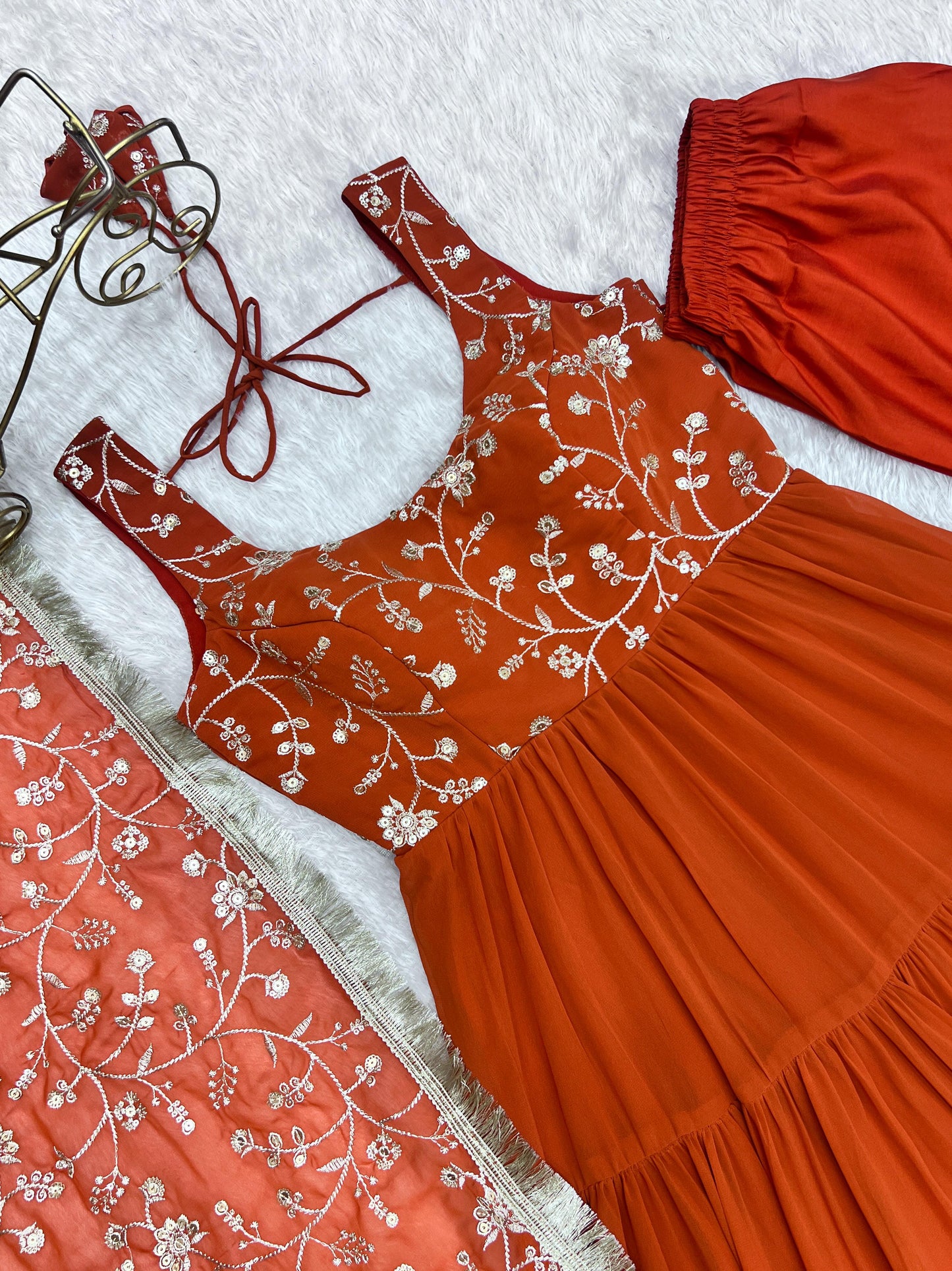 Rust Orange Color Heavy Pure Soft Fox Georgette 3pc Kurta Set