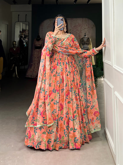 Georgette Floral Print with Lace Touch-Up Gown With Dupatta