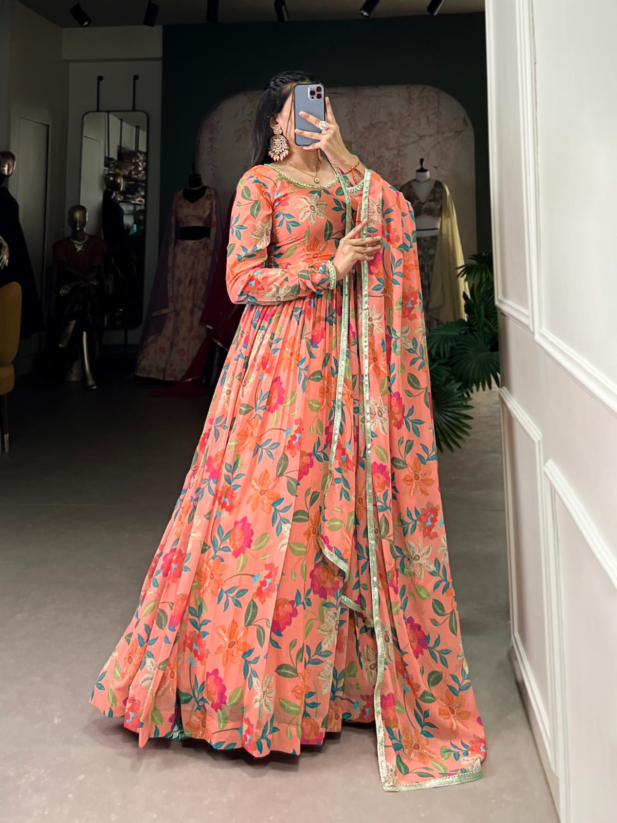 Georgette Floral Print with Lace Touch-Up Gown With Dupatta