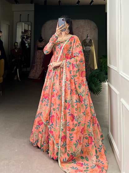 Georgette Floral Print with Lace Touch-Up Gown With Dupatta