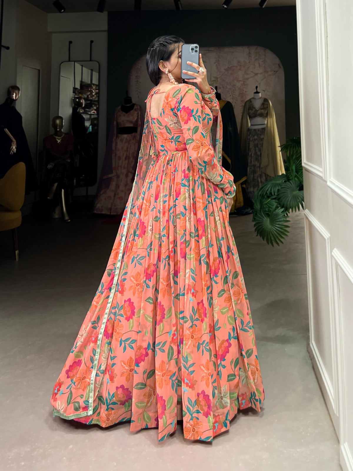 Georgette Floral Print with Lace Touch-Up Gown With Dupatta
